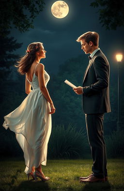 A poignant scene depicting a love story unfulfilled, featuring a couple standing a distance apart in a moonlit park, gazing at each other with longing yet a sense of sadness; the woman is wearing a flowing, white dress that glimmers under the moonlight, with wildflowers in her hair, while the man in a tailored suit holds a letter in his hand, the wind slightly tousling his hair