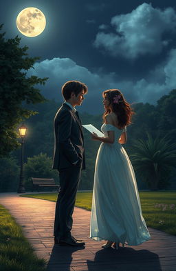 A poignant scene depicting a love story unfulfilled, featuring a couple standing a distance apart in a moonlit park, gazing at each other with longing yet a sense of sadness; the woman is wearing a flowing, white dress that glimmers under the moonlight, with wildflowers in her hair, while the man in a tailored suit holds a letter in his hand, the wind slightly tousling his hair