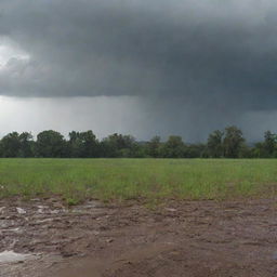 Amplifying the prior scene, the rain intensifies into a torrential downpour, as the parched earth drinks in the water, and the growth of vegetation becomes more apparent.