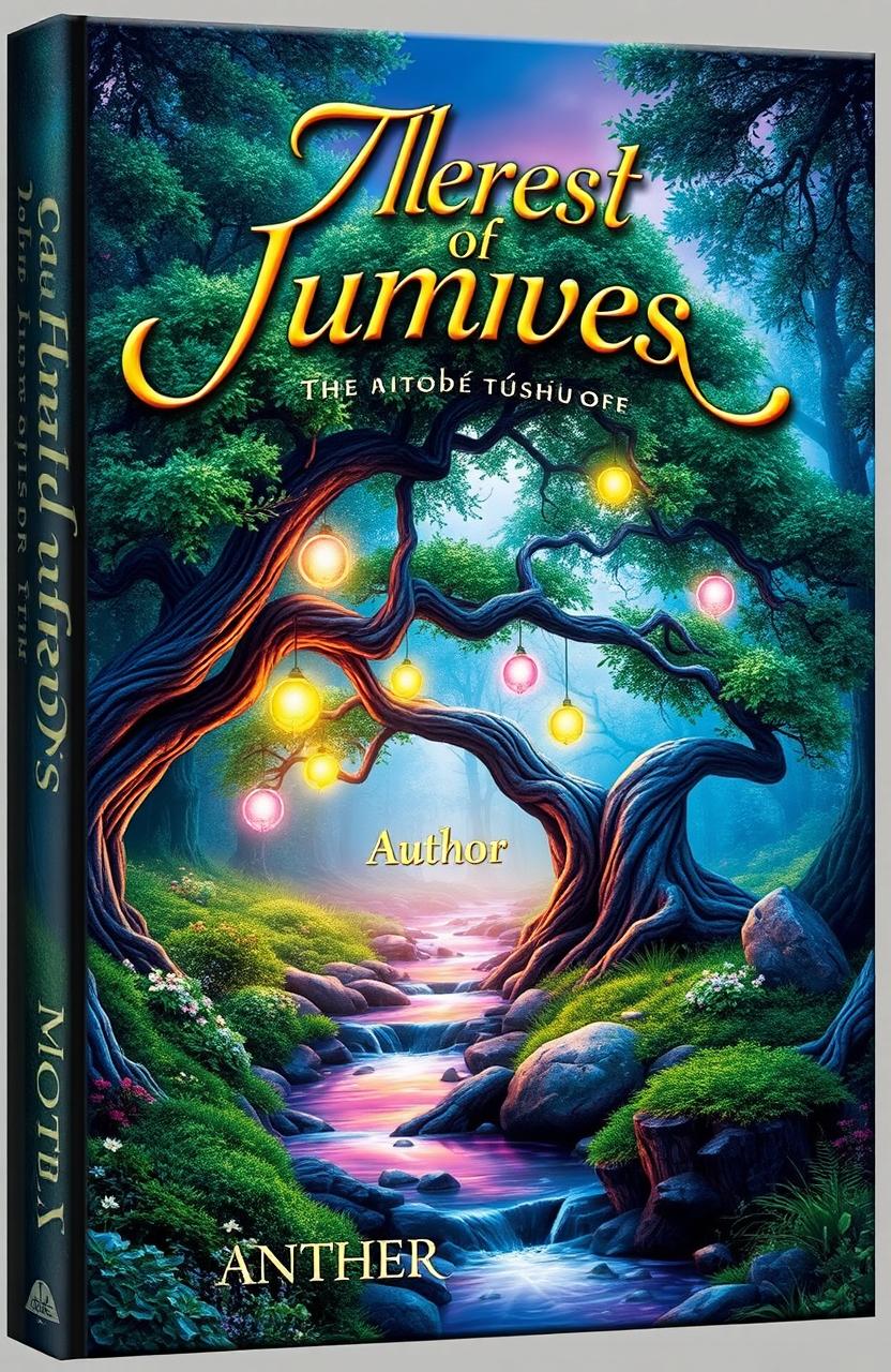 A stunning 3D book cover featuring a mystical forest setting, with vibrant colors and enchanting lighting that highlights the lush, magical elements of the scenery