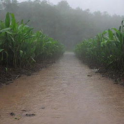 Amplifying the prior scene, the rain intensifies into a torrential downpour, as the parched earth drinks in the water, and the growth of vegetation becomes more apparent.