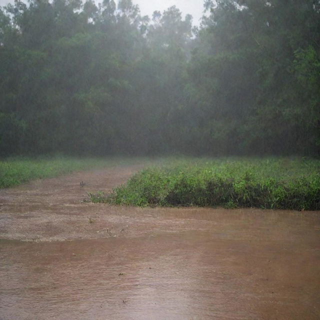 Amplifying the prior scene, the rain intensifies into a torrential downpour, as the parched earth drinks in the water, and the growth of vegetation becomes more apparent.