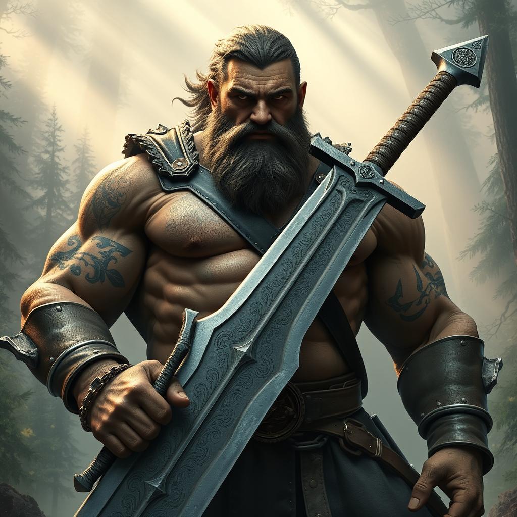 A mighty Goliath bounty hunter in his mid-30s, towering and muscular, with a chiselled physique