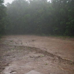 Amplifying the prior scene, the rain intensifies into a torrential downpour, as the parched earth drinks in the water, and the growth of vegetation becomes more apparent.