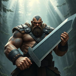 A mighty Goliath bounty hunter in his mid-30s, towering and muscular, with a chiselled physique