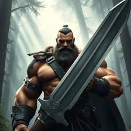 A mighty Goliath bounty hunter in his mid-30s, towering and muscular, with a chiselled physique