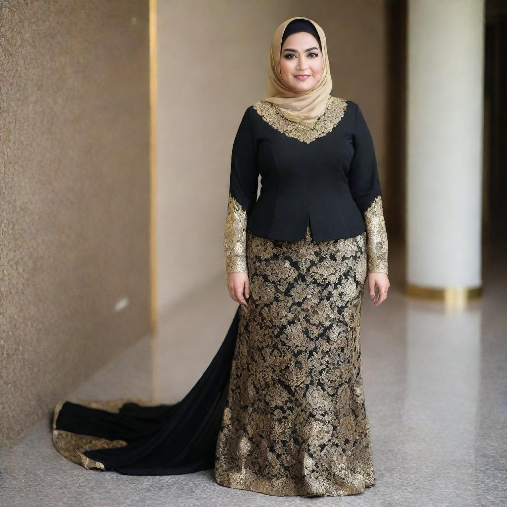 A confident plus size woman wearing a sophisticated black kebaya over a glistening gold songket skirt, her outfit completed with a matching elegant gold hijab.