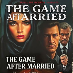 The cover of a horror novel titled 'The Game After Married', featuring a beautiful woman wearing a hijab, exuding an air of mystery and elegance