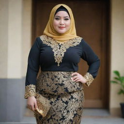 A confident plus size woman wearing a sophisticated black kebaya over a glistening gold songket skirt, her outfit completed with a matching elegant gold hijab.