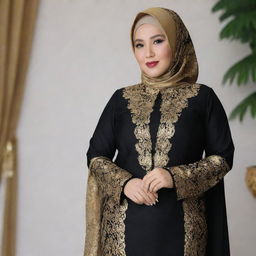 A confident plus size woman wearing a sophisticated black kebaya over a glistening gold songket skirt, her outfit completed with a matching elegant gold hijab.