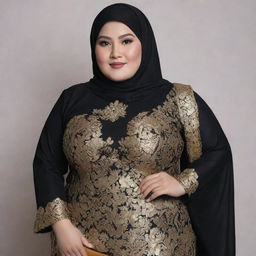 A confident plus size woman wearing a sophisticated black kebaya over a glistening gold songket skirt, her outfit completed with a matching elegant gold hijab.