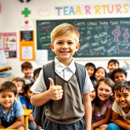 A cheerful boy wearing a school uniform with a backpack, standing proudly in a classroom while giving a thumbs up