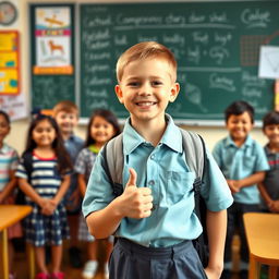 A cheerful boy wearing a school uniform with a backpack, standing proudly in a classroom while giving a thumbs up