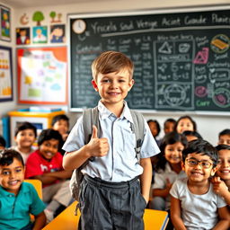 A cheerful boy wearing a school uniform with a backpack, standing proudly in a classroom while giving a thumbs up