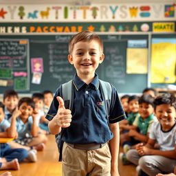 A cheerful boy wearing a school uniform with a backpack, standing proudly in a classroom while giving a thumbs up