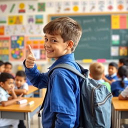 A cheerful boy in a school uniform, viewed from the side, giving a thumbs up while wearing a backpack