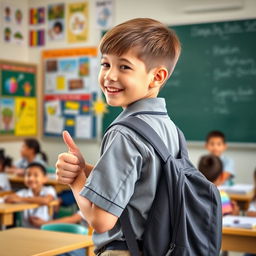 A cheerful boy in a school uniform, viewed from the side, giving a thumbs up while wearing a backpack