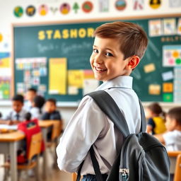 A cheerful boy in a school uniform, viewed from the side, giving a thumbs up while wearing a backpack