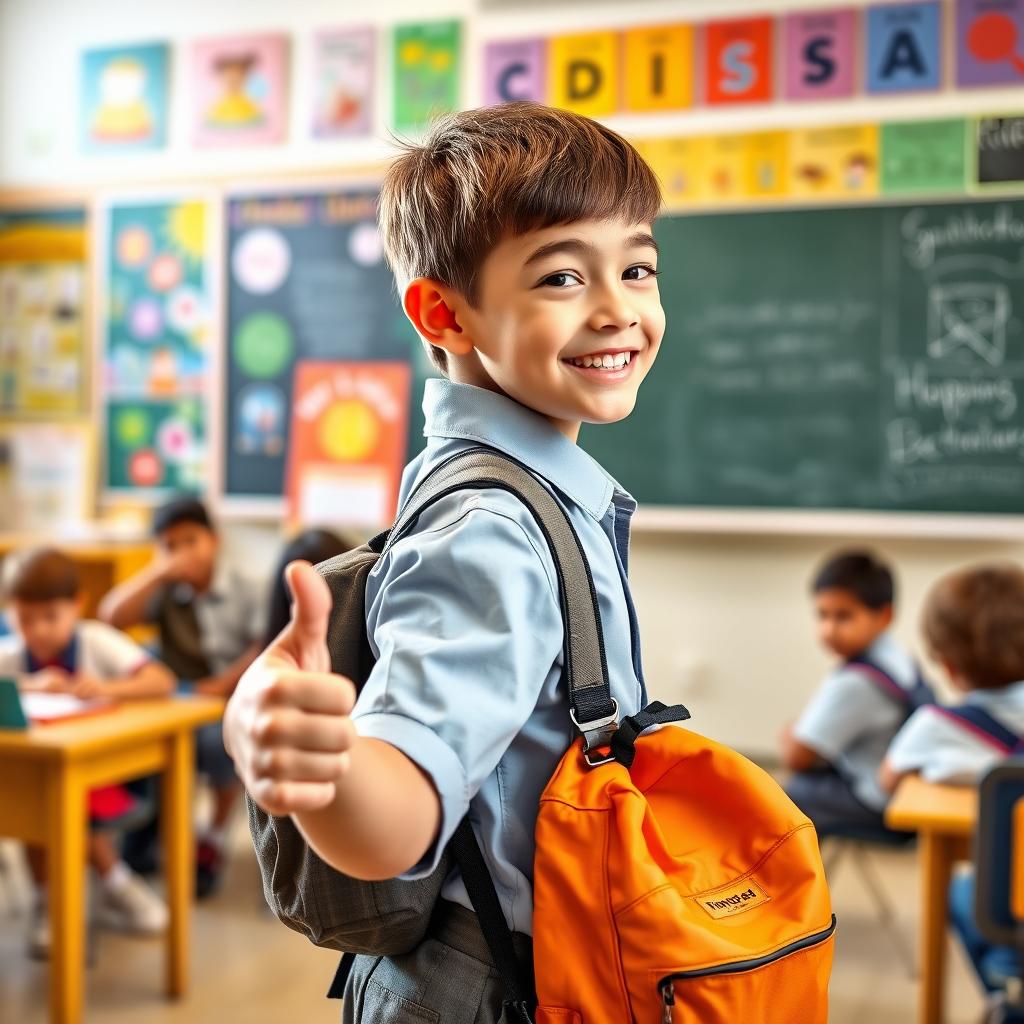 A cheerful boy in a school uniform, viewed from the side, giving a thumbs up while wearing a backpack