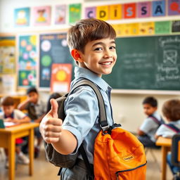 A cheerful boy in a school uniform, viewed from the side, giving a thumbs up while wearing a backpack