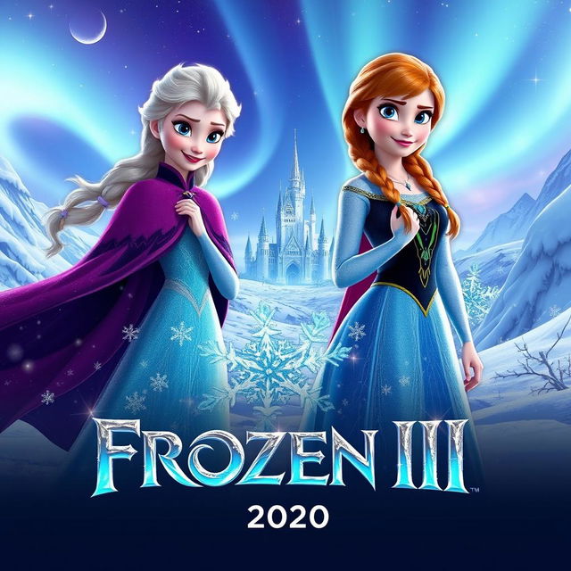 A vibrant and enchanting movie poster for "Frozen III", featuring Elsa and Anna in a magical snowy landscape