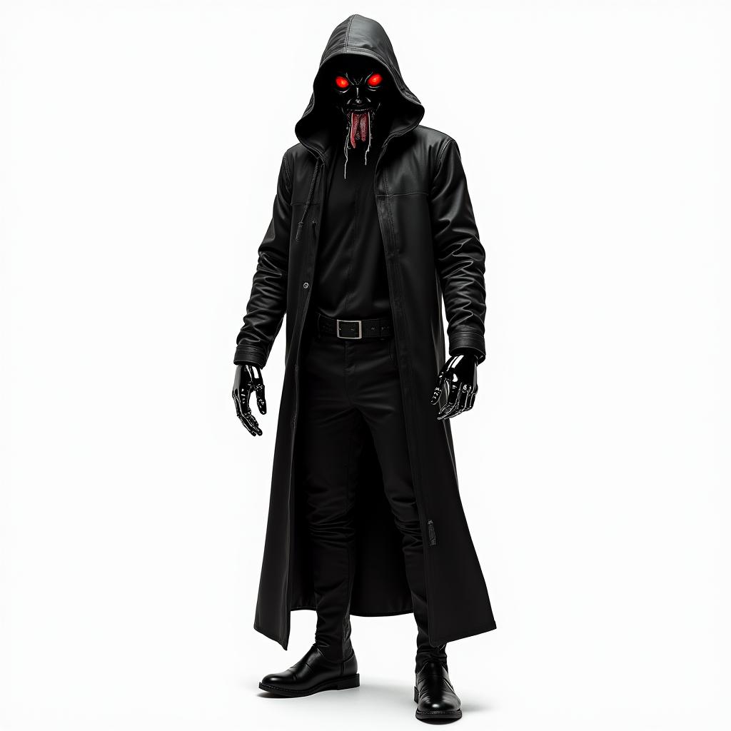 A mysterious man wearing a shiny all-black mask, with glowing red glass eyes and a metallic tongue protruding from his mouth