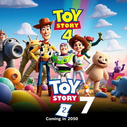 A vibrant and imaginative movie poster for 'Toy Story 7', set to release in 2050