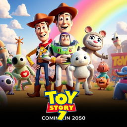 A vibrant and imaginative movie poster for 'Toy Story 7', set to release in 2050