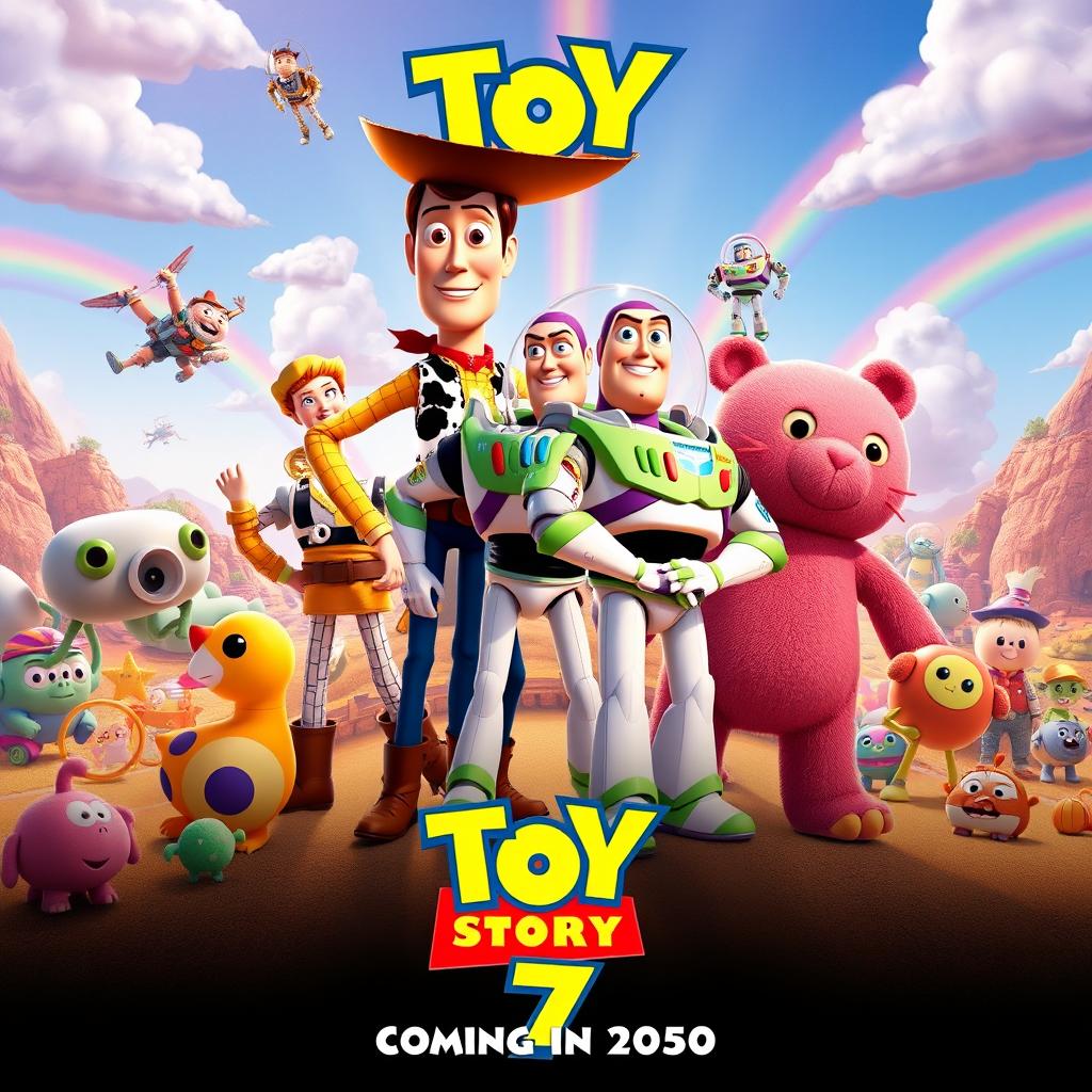 A vibrant and imaginative movie poster for 'Toy Story 7', set to release in 2050