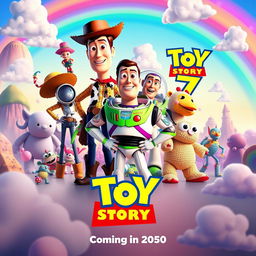 A vibrant and imaginative movie poster for 'Toy Story 7', set to release in 2050