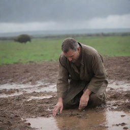 Adding to the evolving scene, the shepherd is now shown in a state of prostration, expressing profound gratitude as the torrential rain rejuvenates the barren land.