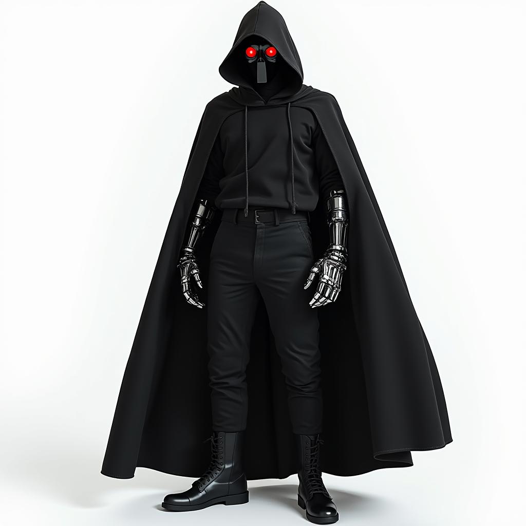 A mysterious man wearing a shiny all-black mask, with glowing red glass eyes