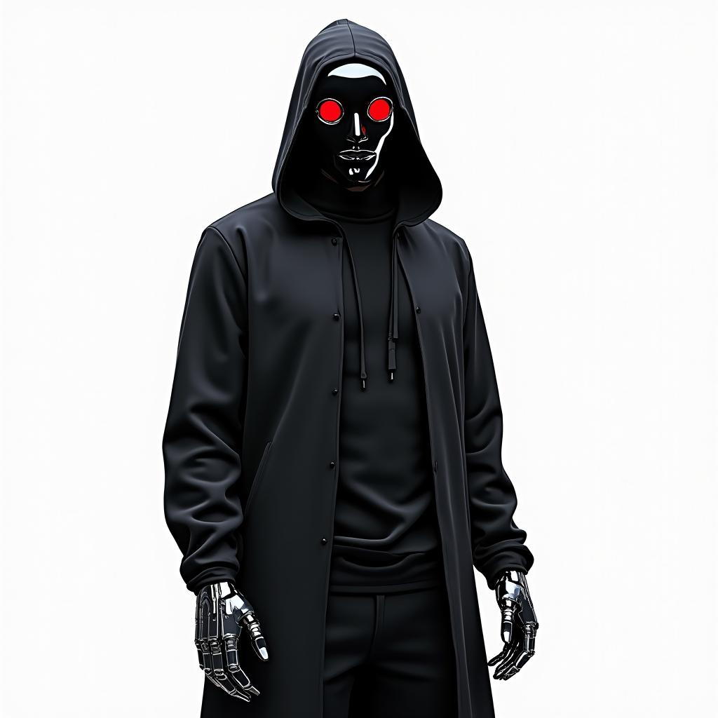 A mysterious man wearing a shiny all-black mask, with glowing red glass eyes and a robotic mouth