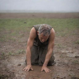 Adding to the evolving scene, the shepherd is now shown in a state of prostration, expressing profound gratitude as the torrential rain rejuvenates the barren land.