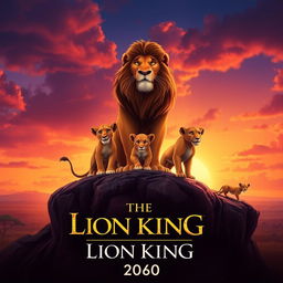 An epic movie poster for "The Lion King 10", set in a vibrant African savanna at sunset, showcasing majestic lions and their cubs united on Pride Rock