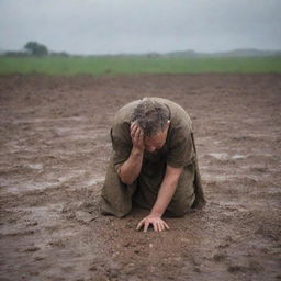 Adding to the evolving scene, the shepherd is now shown in a state of prostration, expressing profound gratitude as the torrential rain rejuvenates the barren land.