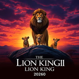 An epic movie poster for "The Lion King 10", set in a vibrant African savanna at sunset, showcasing majestic lions and their cubs united on Pride Rock