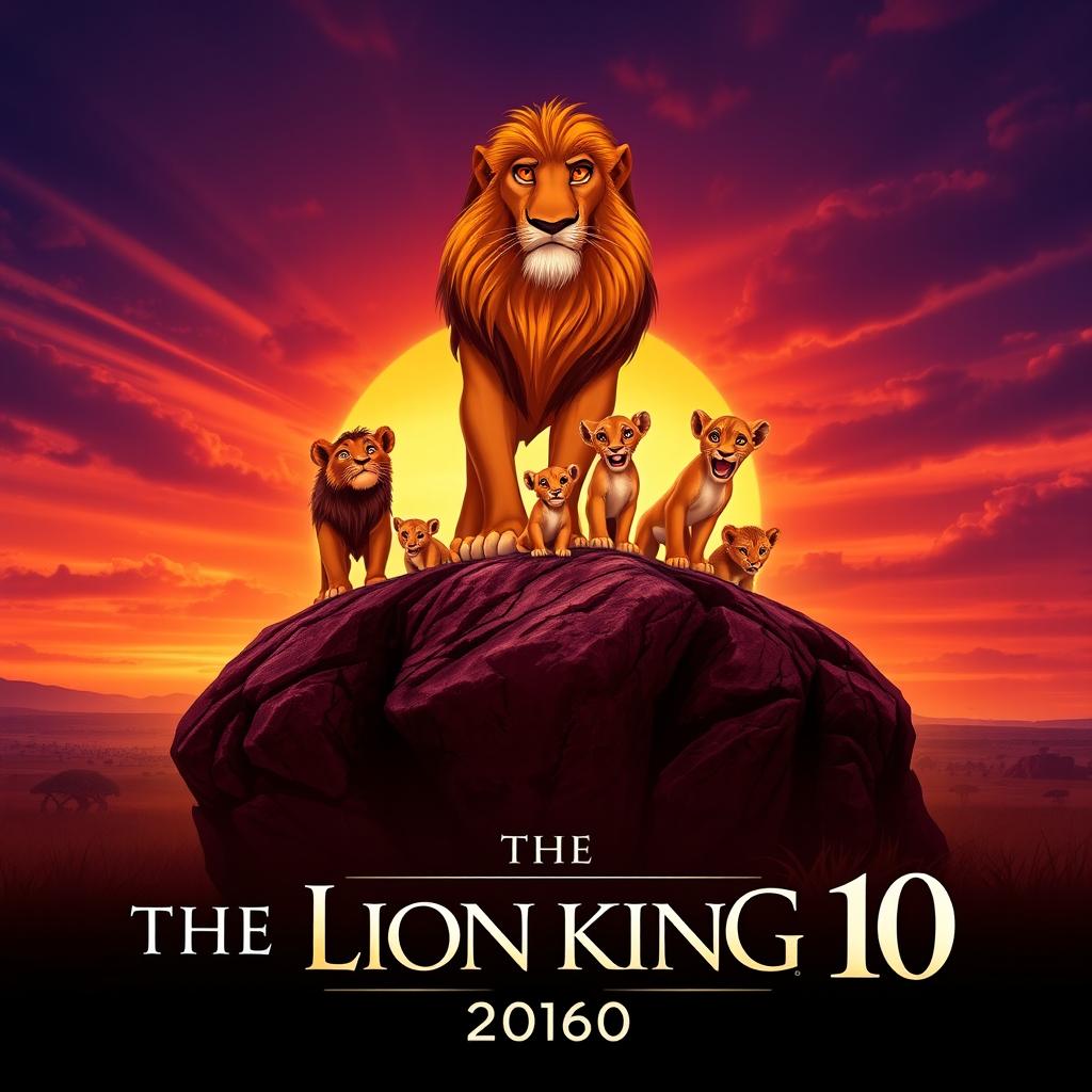 An epic movie poster for "The Lion King 10", set in a vibrant African savanna at sunset, showcasing majestic lions and their cubs united on Pride Rock