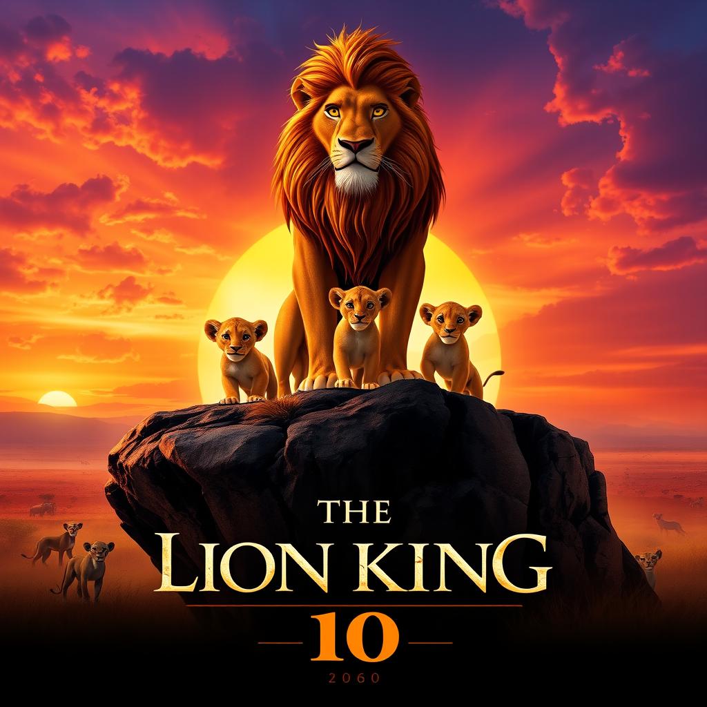 An epic movie poster for "The Lion King 10", set in a vibrant African savanna at sunset, showcasing majestic lions and their cubs united on Pride Rock