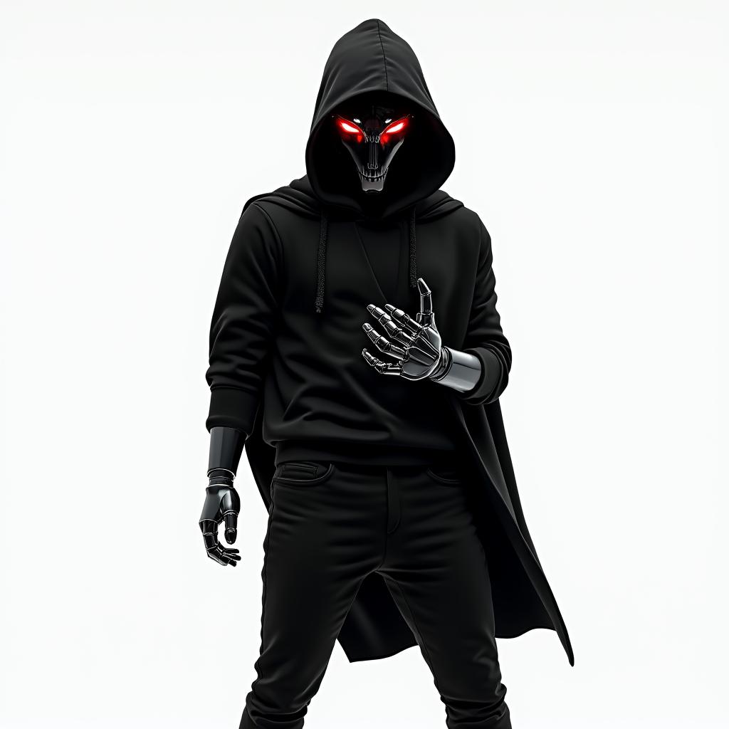 A mysterious man wearing a shiny all-black mask, featuring glowing red glass eyes and no mouth