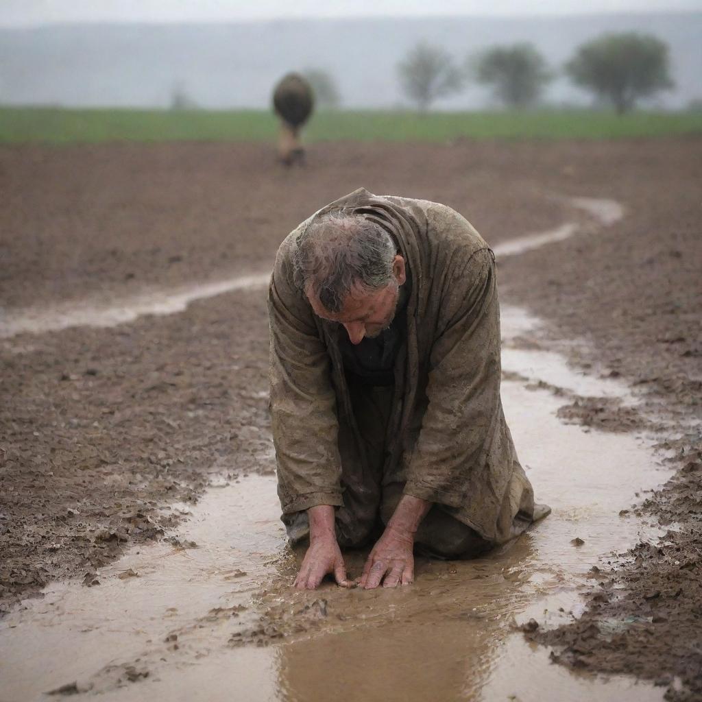 Adding to the evolving scene, the shepherd is now shown in a state of prostration, expressing profound gratitude as the torrential rain rejuvenates the barren land.