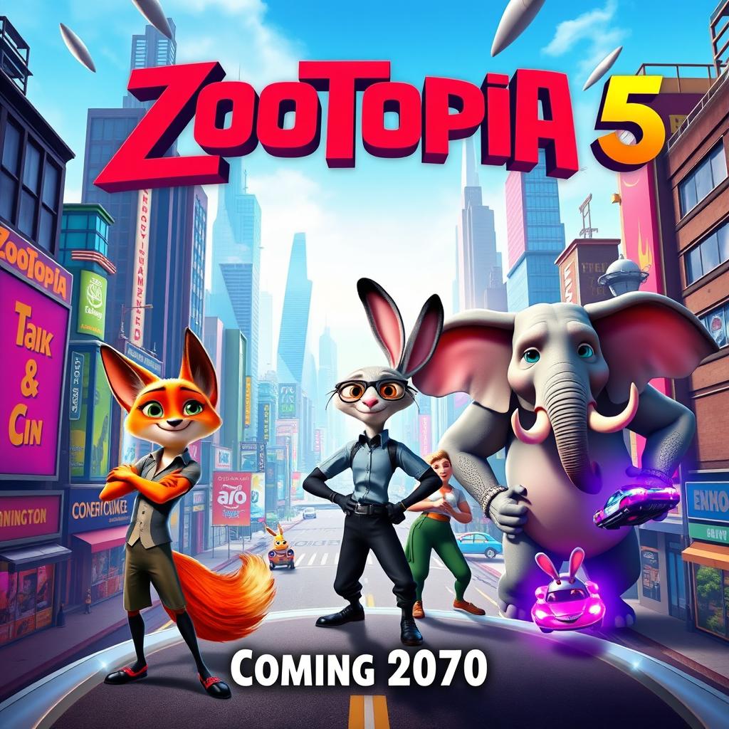 A vibrant and eye-catching movie poster for the fictional film 'Zootopia 5'