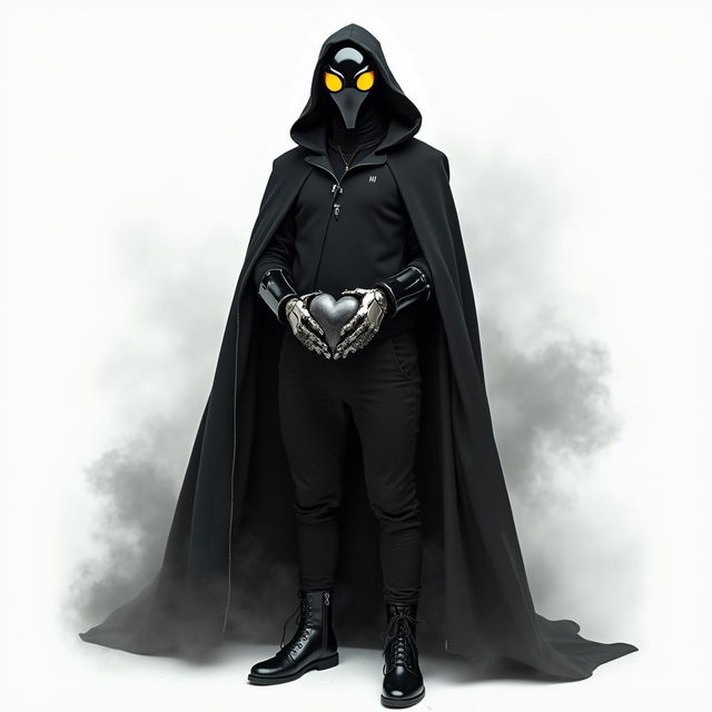 A mysterious man with a shiny round all-black mask, glowing yellow glass eyes, and no mouth