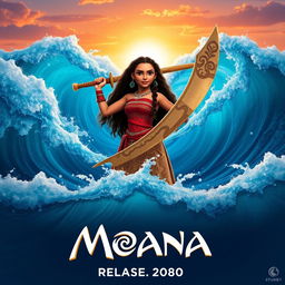 An epic movie poster for 'Moana 6', featuring a mature Moana standing confidently at the forefront, wielding a beautifully crafted traditional Polynesian sword