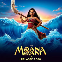 An epic movie poster for 'Moana 6', featuring a mature Moana standing confidently at the forefront, wielding a beautifully crafted traditional Polynesian sword