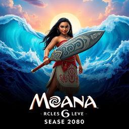 An epic movie poster for 'Moana 6', featuring a mature Moana standing confidently at the forefront, wielding a beautifully crafted traditional Polynesian sword