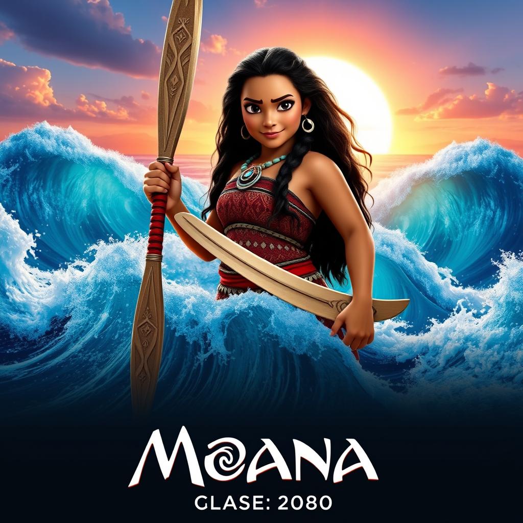 An epic movie poster for 'Moana 6', featuring a mature Moana standing confidently at the forefront, wielding a beautifully crafted traditional Polynesian sword