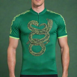 A vivid green jersey featuring a stunning, intricate snake as its logo.