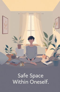 An introspective and serene illustration representing the concept of mental health and self-care, titled 'Safe Space Within Oneself'