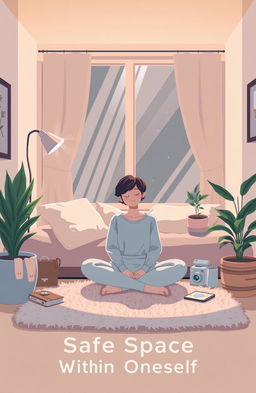 An introspective and serene illustration representing the concept of mental health and self-care, titled 'Safe Space Within Oneself'